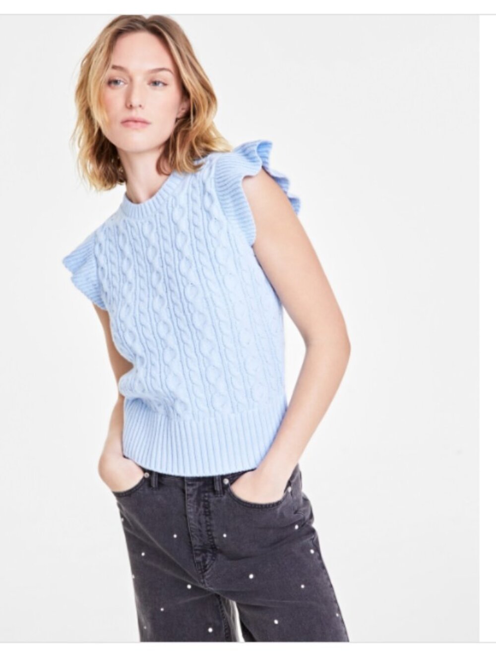 On 34th Women's Cable-Knit Flutter-Sleeve Sweater Pale Spring - Picture 2 of 3